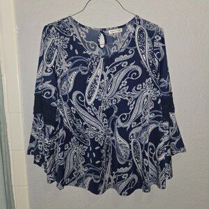 Women’s Long Sleeve Crochet Top By Roommates, Size XL, Navy Paisley Print